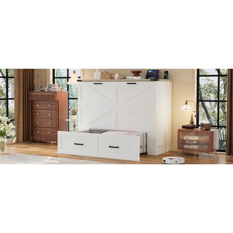 Full Size Farmhouse Murphy Cabinet Bed with Charging Station, Foldable Platform Bed with Large Storage Drawer