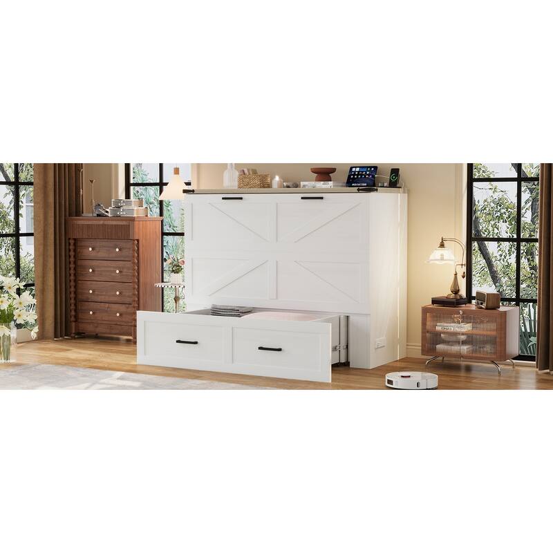 White Full Size Murphy Cabinet Bed with Storage Drawers and Built-In Charging Station