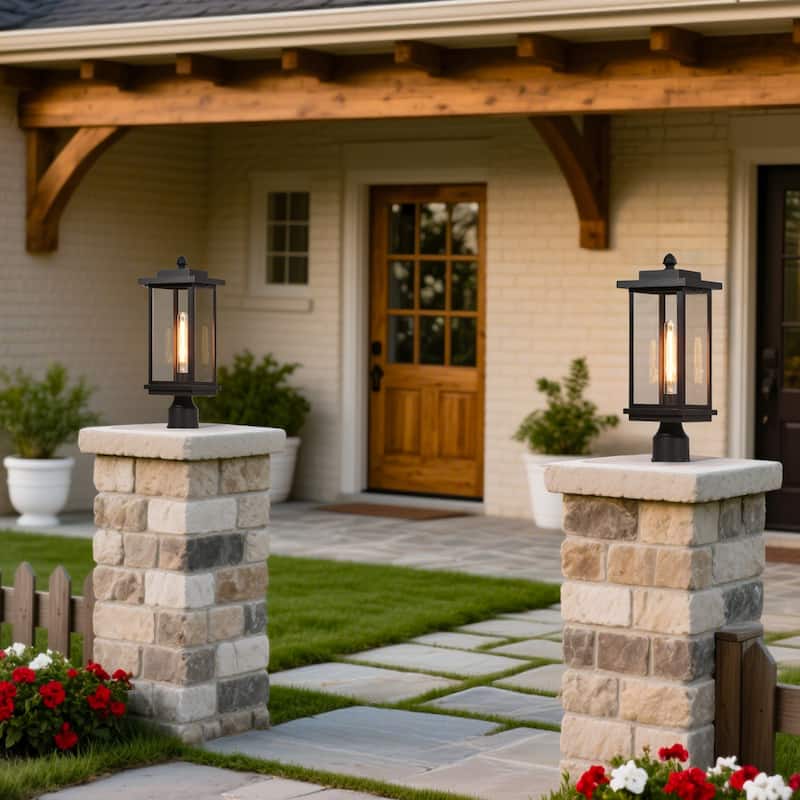 Modern Farmhouse 1-Light Black Outdoor Post Lights Patio Wall Sconces - L 6.7" x W 6.7" x H 17.7"