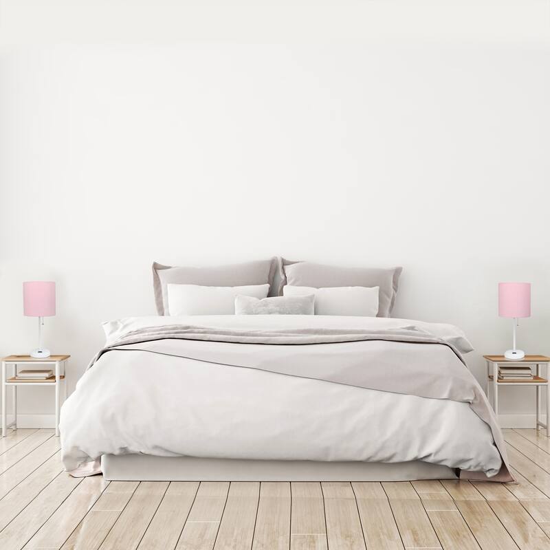 19.5 in. White Finish Table Lamp with Pink Shade, Durable Stick Lamp for End/Side Tables, Set of 2