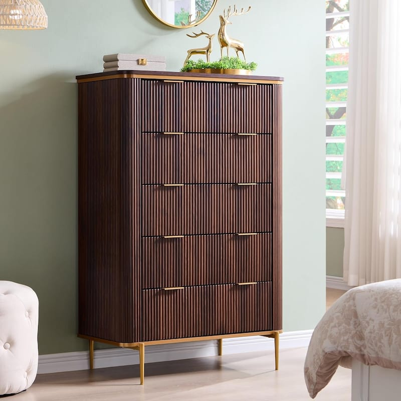 Modern Fluted 5 Drawers Dresser for Bedroom, Dresser Chest of Drawers - Dark Walnut