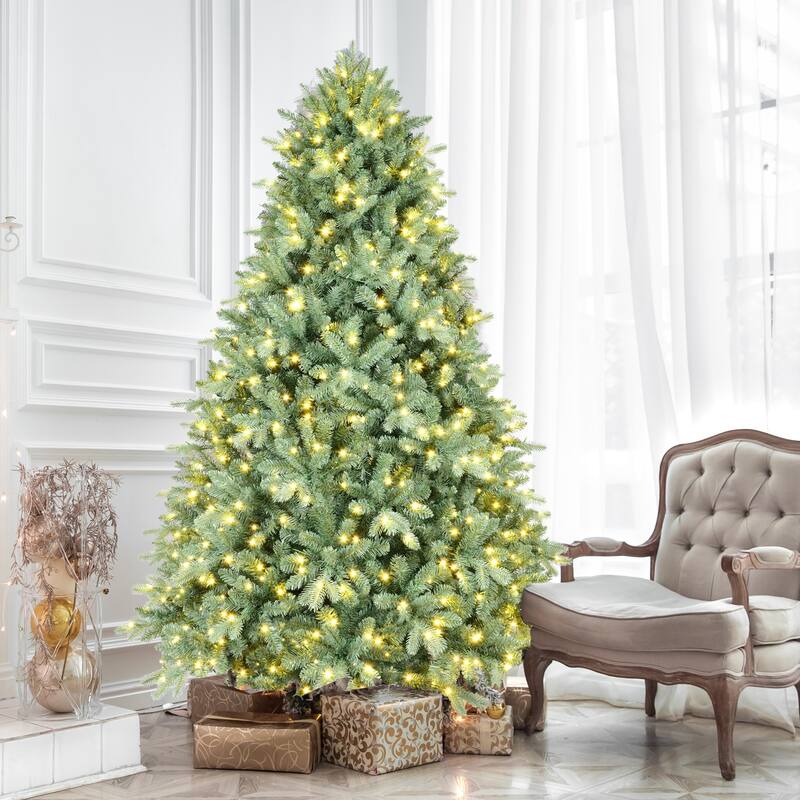 7.5FT Blue-Green Tint Pre-Lit Christmas Tree with 800 Warm White LED Lights-2908 PE+PVC Tips,Hinged Branches,Sturdy Metal Stand