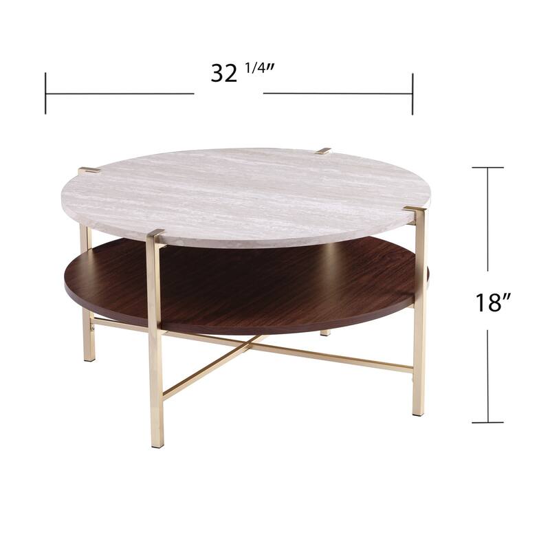33” Round Faux Marble Coffee Table in Glossy Brass Finish with Metal Legs and Open Storage - 33.25”L x 33.25”W x 18”H