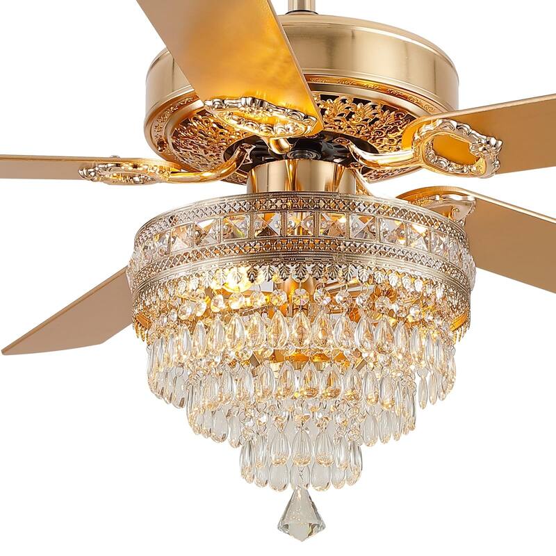 52 Inches AC Motor Crystal Ceiling Fan Fandelier with Lights,For Bedroom,Kitchen,Patio,Remote or Wall Control - 52 Inches - Gold