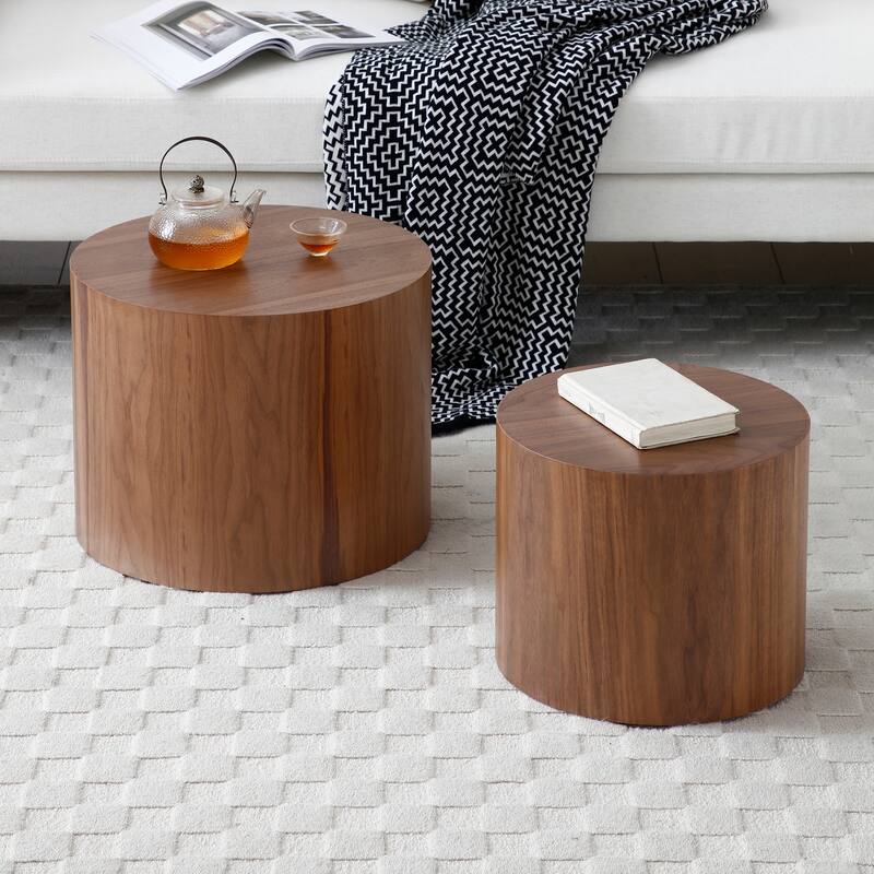 Wood Grain Coffee Table Set of 2 Round Nesting Side Table Lightweight End Table Modern Accent Table, No Assembly Required