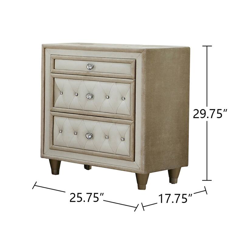 3 Drawers Velvet Nightstand in Ivory and Camel