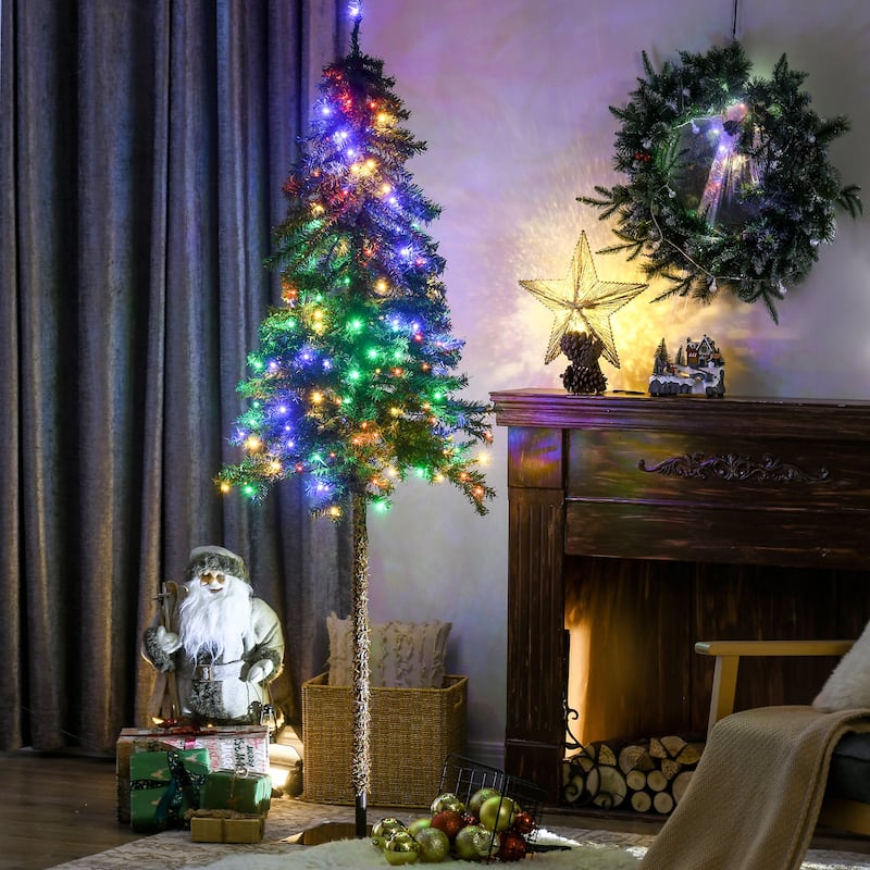 HOMCOM Pre-Lit Pencil Artificial Tree - Warm White/Colorful LED Lights, Steel Base - Green