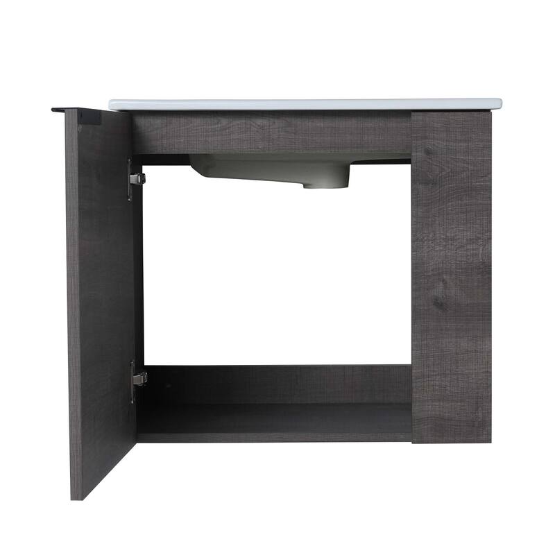 22 inch Plywood Wall-Mounted Bathroom Vanity in Grey Oak with Integrated Ceramic Sink in White with Soft Closing Door