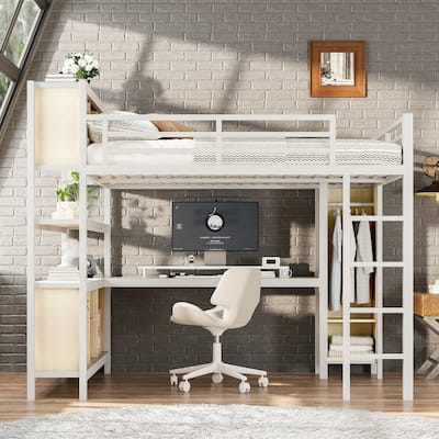 Metal Queen Size Loft Bed with L-shaped Desk,Storage Cubes and Shelves