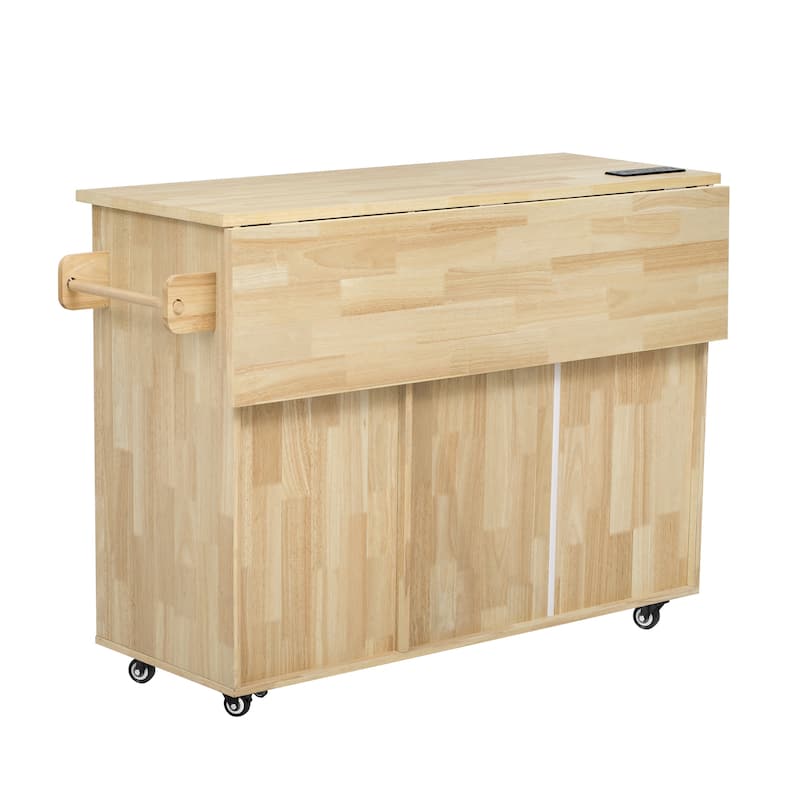 53" Rolling Kitchen Island with Drop Leaf, Internal Rack,Power Outlet