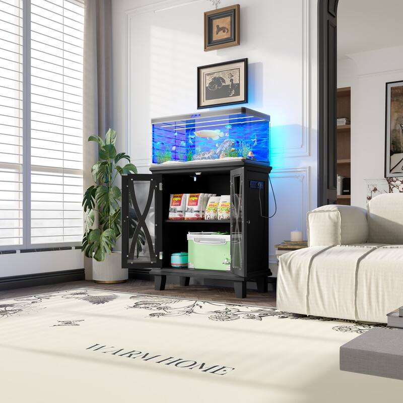 Farmhouse Aquarium Stand with Charging Station, 20 Gallon Tank Cabinet & Reptile Habitat Furniture - Black