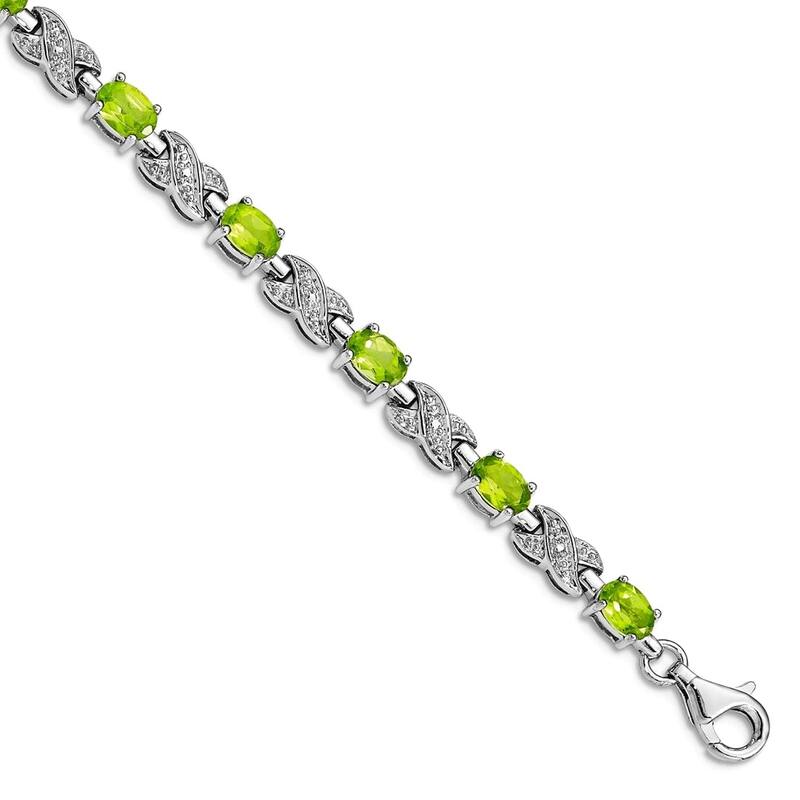 Curata 925 Sterling Silver 7" 5mm Genuine Gemstone and Diamond X Bracelet - Peridot - 7 Inch - Peridot - White