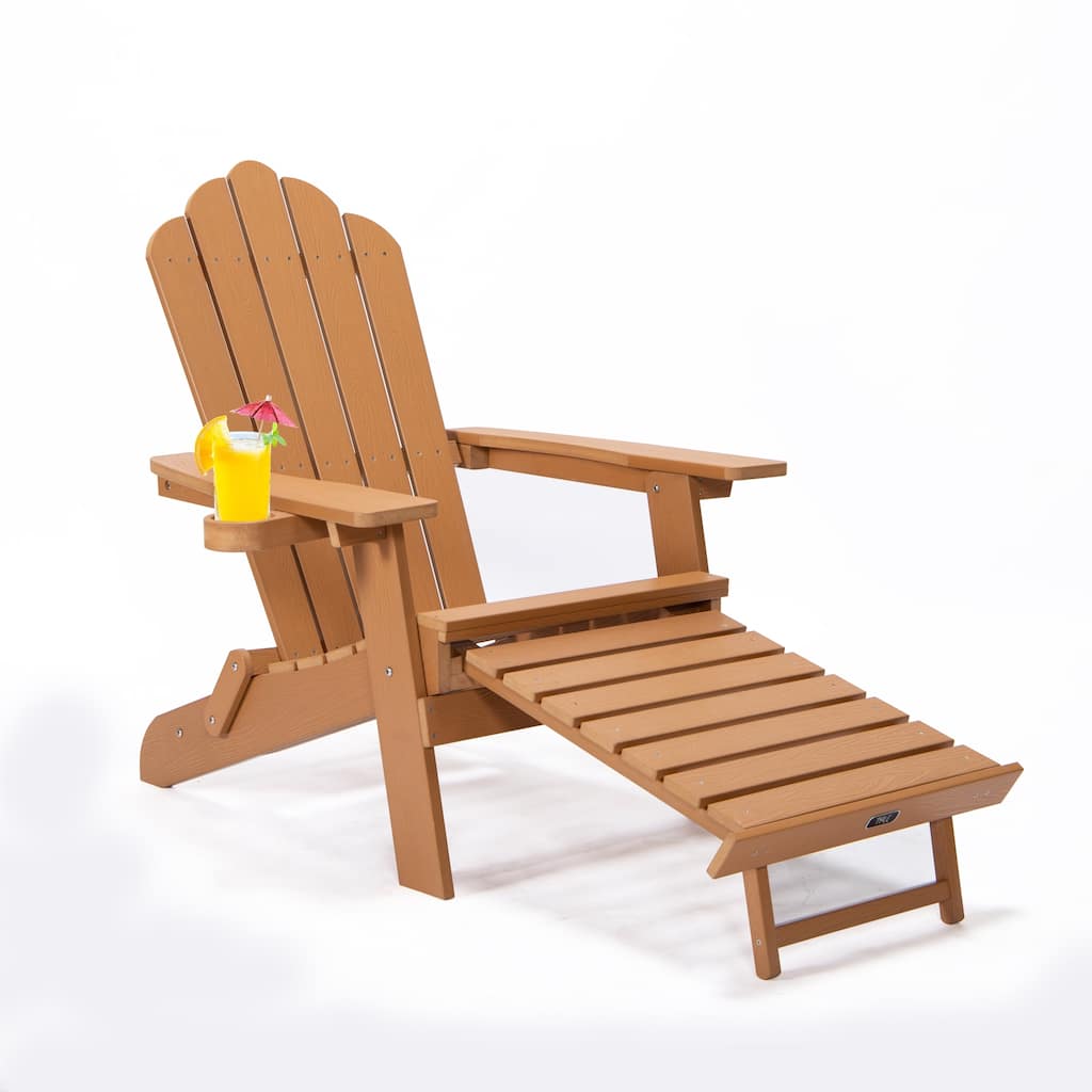 Anmytek Oversized Folding Adirondack Chair with Pullout Ottoman and Cup Holder Weather-Resistant Poly Lumber