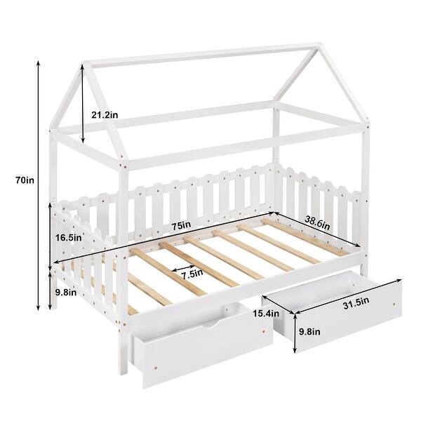 dimension image slide 0 of 2, Twin Size Wooden House Bed, Bed Frame with Fence-Shaped Guardrail