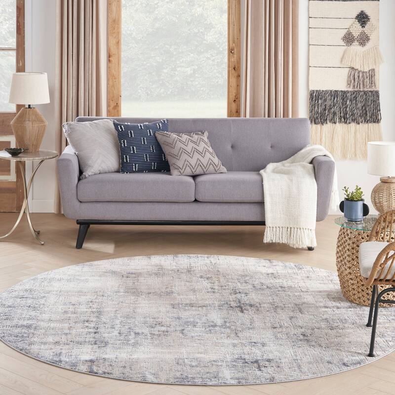 Rustic Textures Distressed Contemporary Abstract Area Rug - 7'10" Round - Grey - Runner/Rectangle