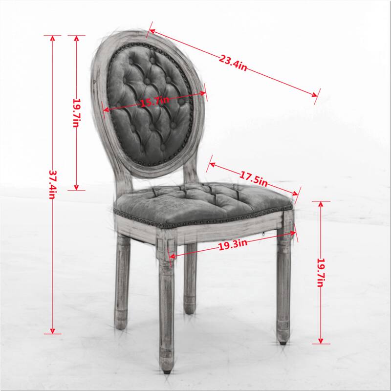 Set of 2 French Style Dining Chairs: Solid Wood Frame, Antique Painting, PU Leather, Nailhead Trim, Wood Legs