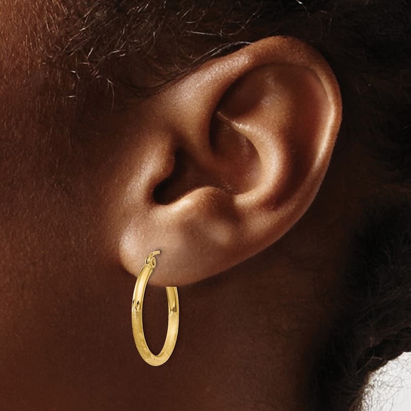 Curata 14k Yellow Gold Satin and Diamond-Cut 2x20mm Round Tube Hoop Earrings