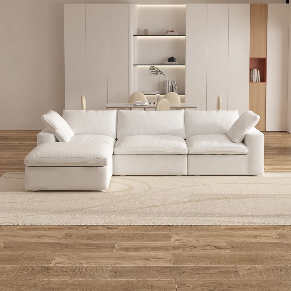 Modern Down Filled Modular 4 Piece Sectional Sofa L-shape Linen Upholstered Couch with Storage Ottoman