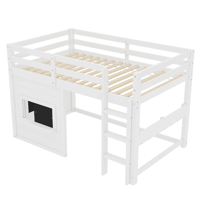 Full/Twin Loft Bed with Sliding Chalkboard, Bookshelf & Safety Rails