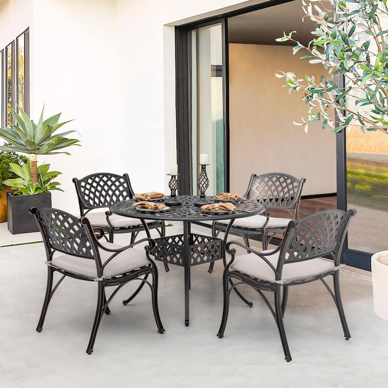 Outdoor 5-Piece Cast Aluminum Dining Set with Cushions - black with gold-painted edges and beige
