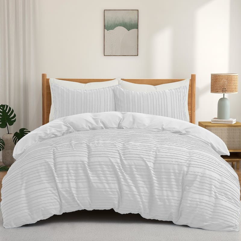 3 Piece Tufted Clipped Jacquard Geometric Oversized Duvet Cover Set - Full - Queen - Stripe/White