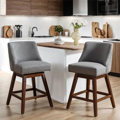 Counter Height Upholstered Swivel Bar Stools with Wood Legs (Set of 2)