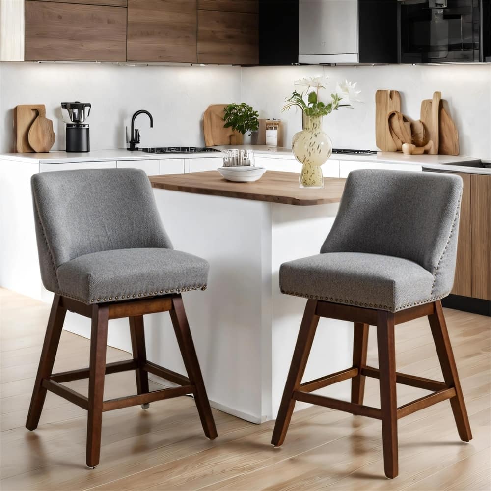 Counter Height Upholstered Swivel Bar Stools with Wood Legs (Set of 2)