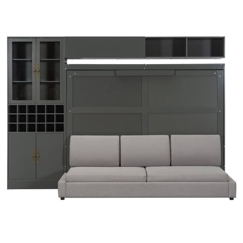 Full/Queen Size Murphy Bed Wall Bed with Sofa, Light and USB Charging, Foldable Murphy Cabinet Bed w/ Storage Shelves & Cabinets