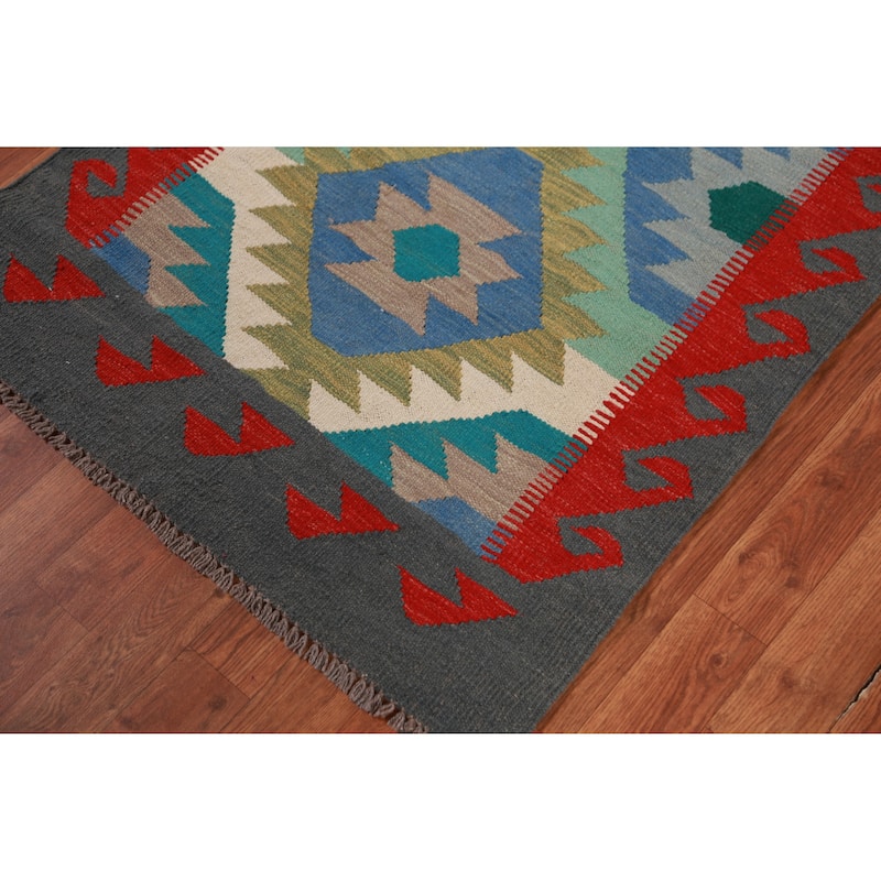 Hand Woven Oriental 100% Wool Carpet Southwestern Geometric Multi-Colored Kilim Runner Rug - 16' 8'' X 2' 9''