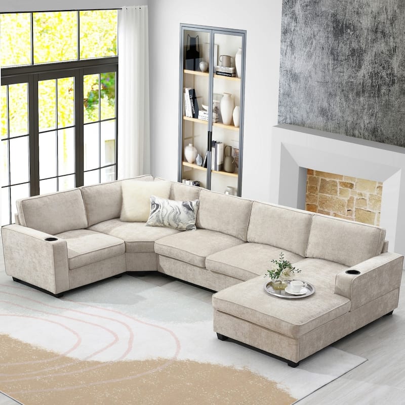 119" U-Shaped Chenille Sectional Sofa with Chaise and Cup Holders - Beige