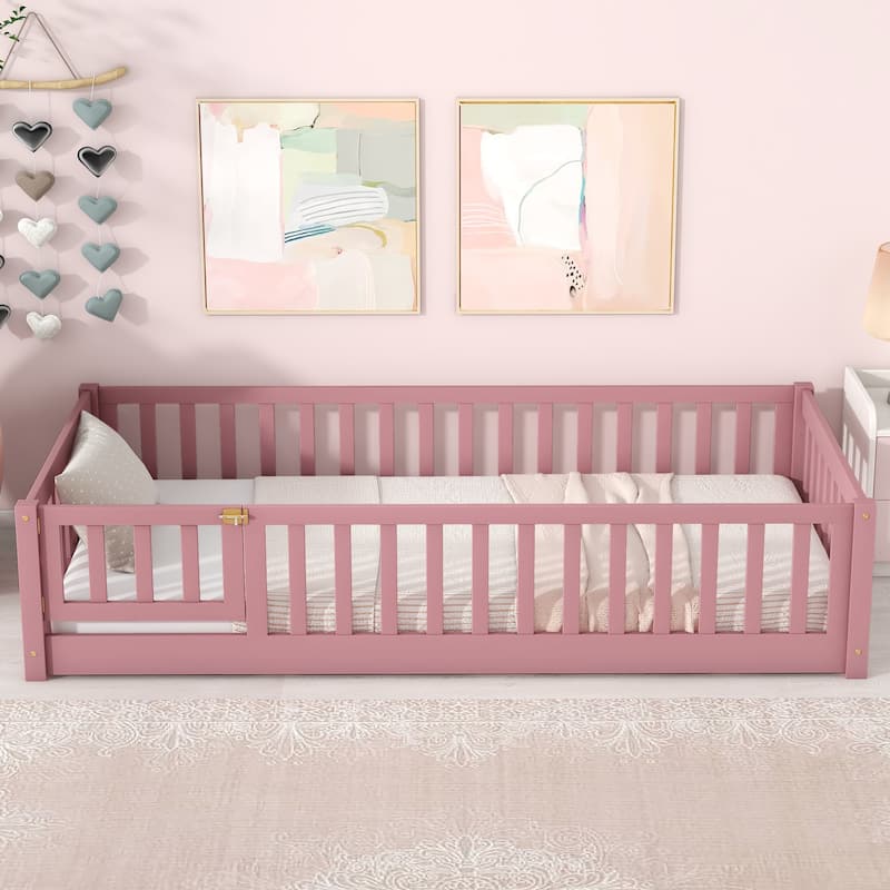 Twin size Floor Platform Bed with Fence and Door