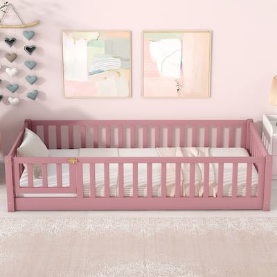 Twin size Floor Platform Bed with Fence and Door