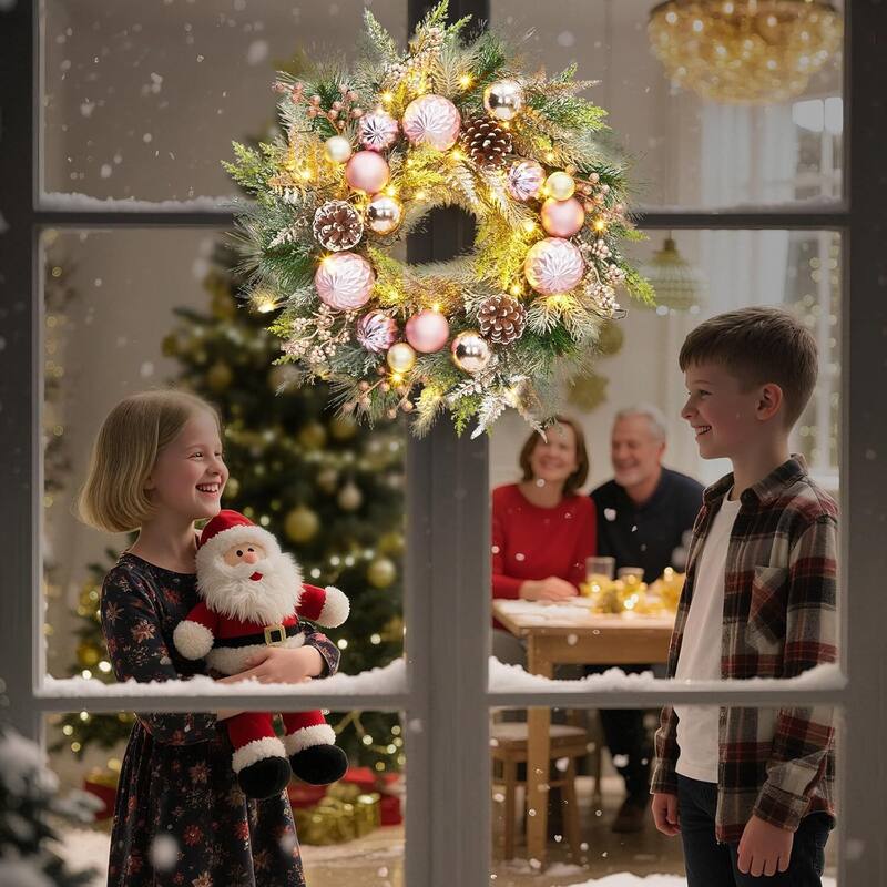 22" Lighted Pink Christmas Wreath for Front Door with Balls Pine Cones & Berries - N/A