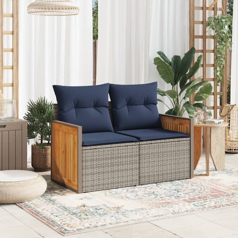 vidaXL Patio Sofa with Cushions 2-Seater Gray Poly Rattan - 46.5" x 24.4" x 27.2"