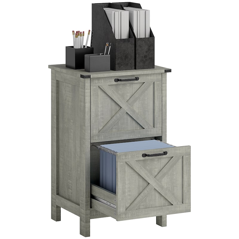 HOMCOM 2 Drawer Vertical File Cabinet with Silent Slides,Farmhouse Filing Cabinet with Barn Doors for A4/Letter Size - light grey
