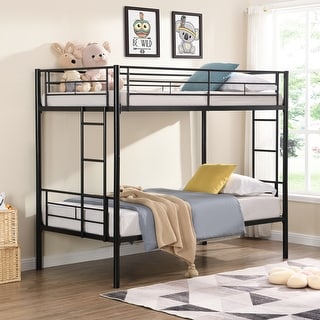 Artsy Twin over Twin Metal Bunk Bed with 2 Stairs, Space-saving, Black