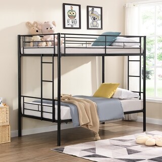 Black Twin over Twin Size Metal Bunk Bed with Ladder and Fence for for Bedroom, Kids, Boys and Girls