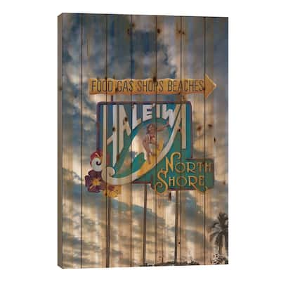 Haleiwa Sign Woman Clouds Print On Wood by Sean Davey - Multi-Color