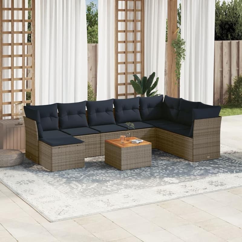 vidaXL Patio Sofa Set with Cushions Outdoor Furniture 9 Piece Poly Rattan - 24.4" x 24.4" x 27.2" - Gray