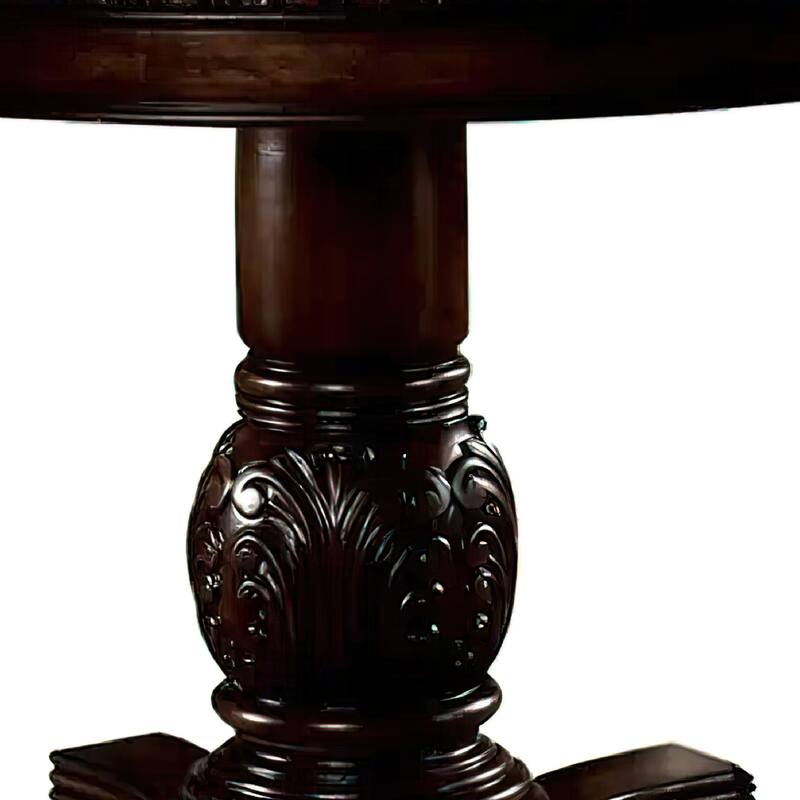 Loki 48 Inch Round Counter Height Table, Espresso Brown Carved Wood Frame