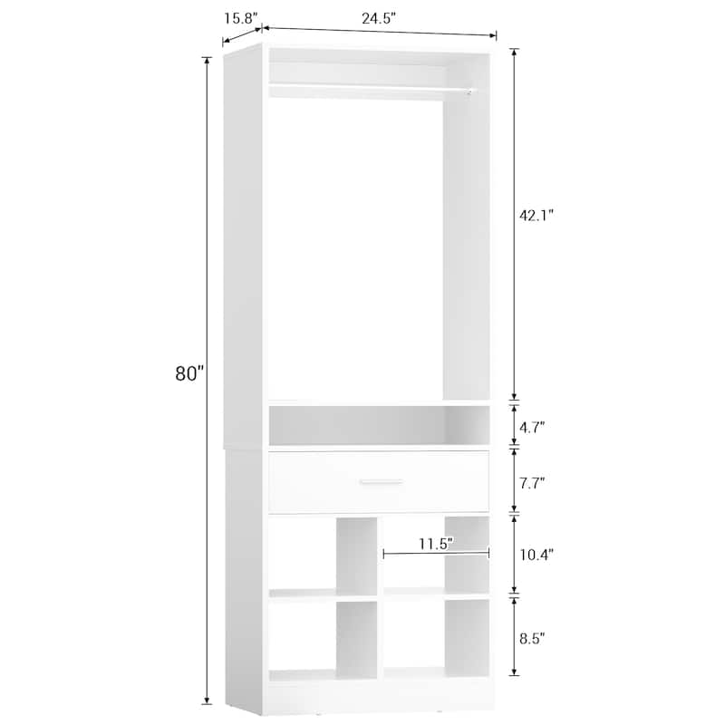24.5'' W Freestanding Closet System with Wood Drawer and 5 Open Storage Shelves and Hanging Rods,