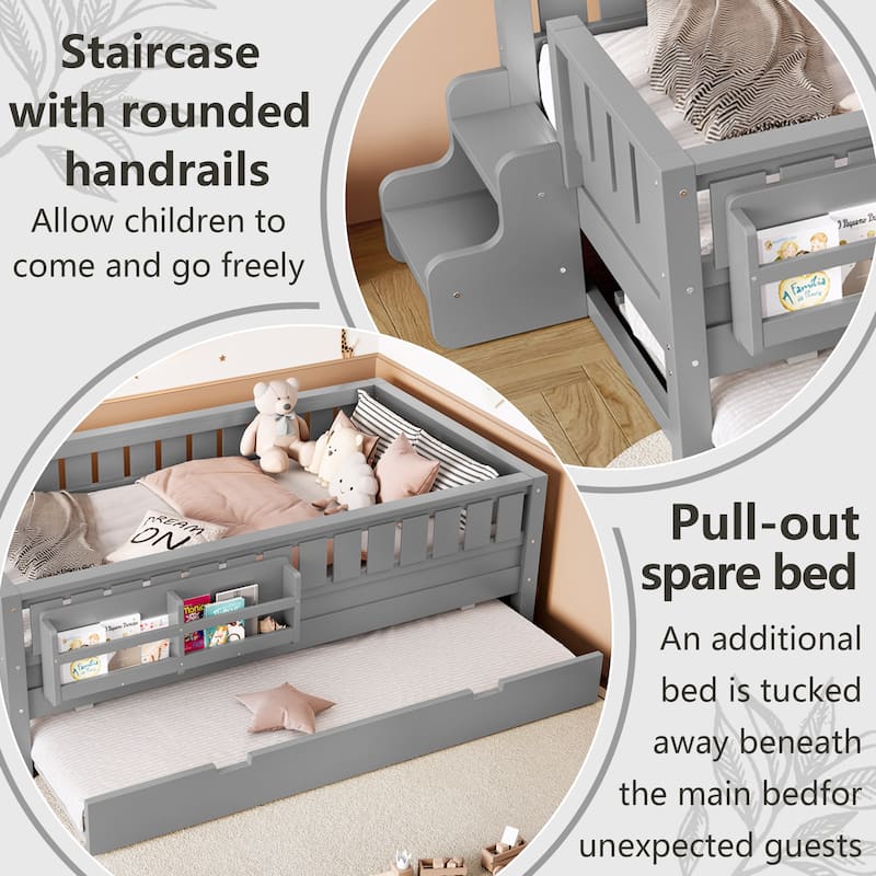 Roomfitters Floor Bed with Bookshelf and Trundle, Low Profile Frame with Step Entry