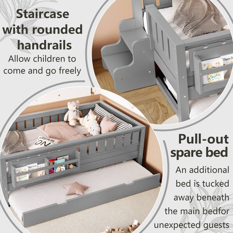 Twin with Built-in Bookshelves and Small Staircase, High-Quality Safety Rails, and Trundle