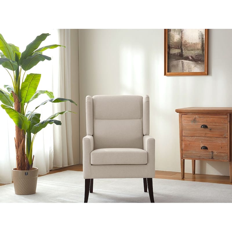 Set of 2 Modern Upholstered Accent Chairs with High Back and Wooden Legs – Grey/Beige/Brown