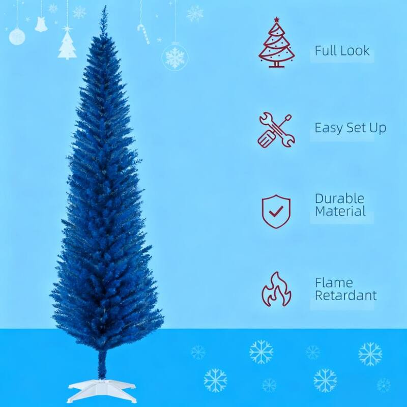 7 Foot Pencil Christmas Tree,Decorated Christmas Tree with Realistic Branch Tips and Plastic Stand - Blue