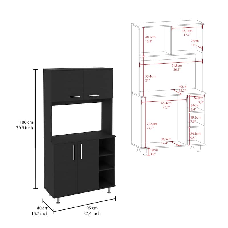 Pantry Kit, Four Legs, Double Door Cabinet, Three Shelves -Black