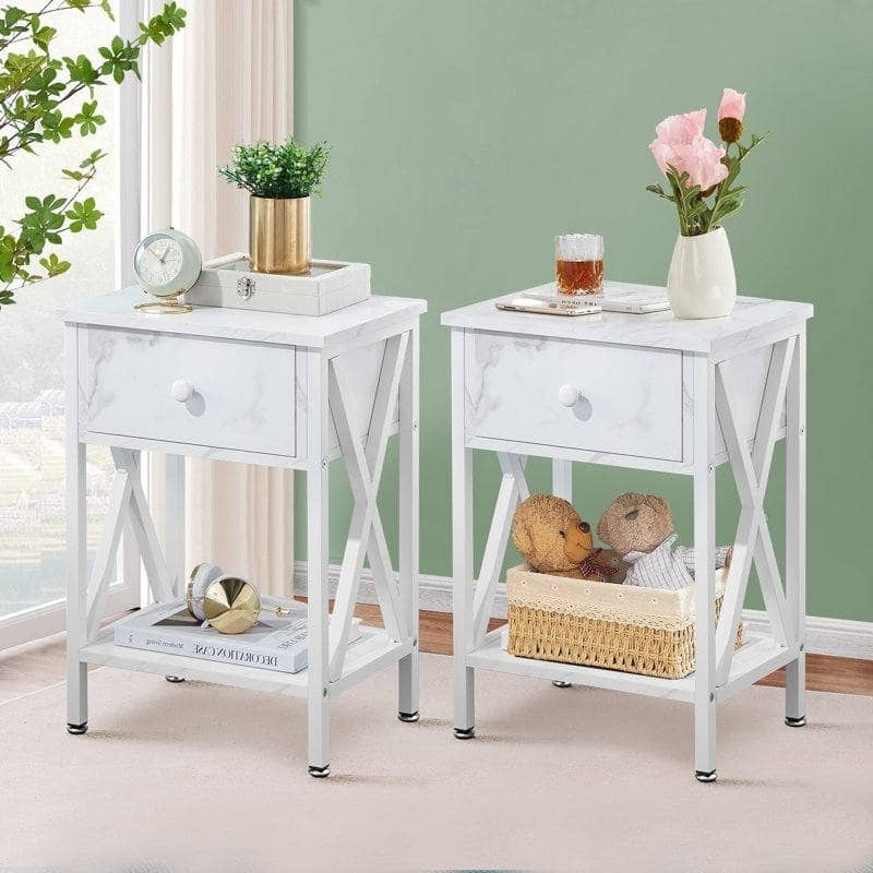 Set of 2 Bedroom Nightstands with Steel Frame and Drawer