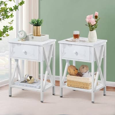 Set of 2 Bedroom Nightstands with Steel Frame and Drawer