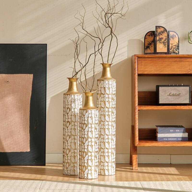 Set of 3 White & Gold Leaf Metal Floor Vases - Graduated Heights for Modern Home Decor