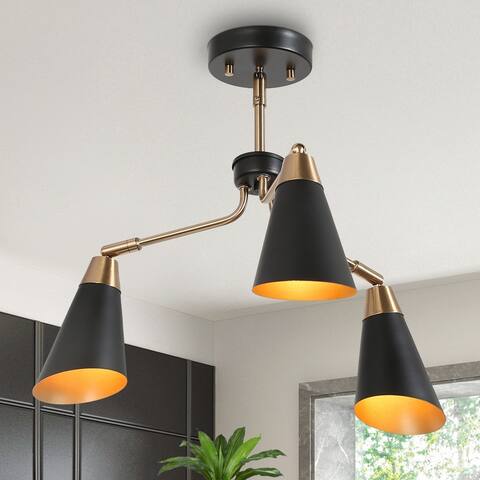 Modern 3-Light Semi-Flush Ceiling Light Metal Black Gold Chandeliers - 22"Dia x 14.5"H